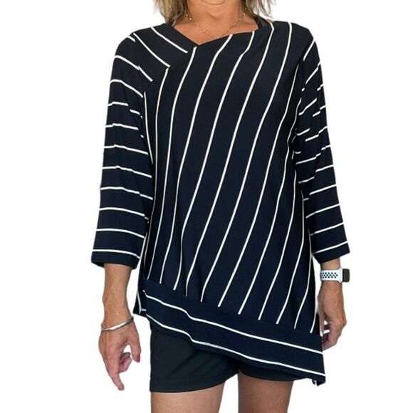 CHICO’S TRAVELERS ASYMMETRIC NAVY AND WHITE STRIPE - Picture 5 of 5